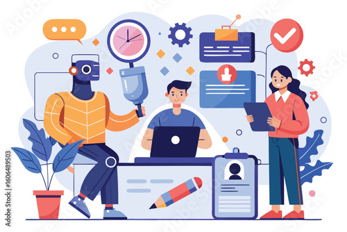 Business and marketing characters collaborating with artificial intelligence for strategic project development at a modern workspace