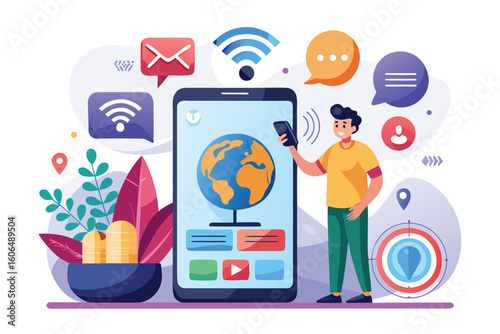 Exploring communication technology through voice over internet protocol with a smartphone and digital icons