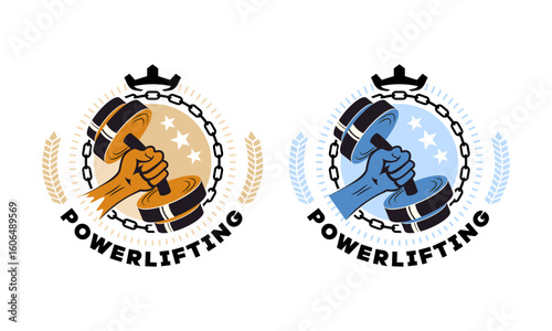 Gym, fitness logo or label. Sport, bodybuilding concept. Gym fitness sport emblems and logos vector set with barbells dumbbells and muscle arm
