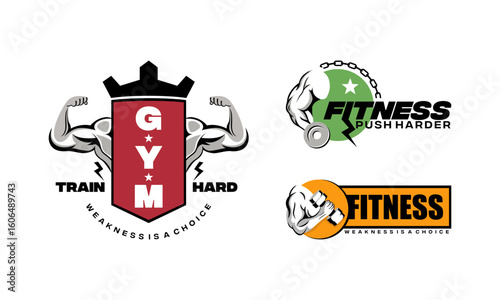 Gym, fitness logo or label. Sport, bodybuilding concept. Gym fitness sport emblems and logos vector set with barbells dumbbells and muscle arm