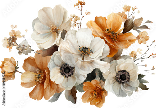 Elegant watercolor bouquet with orange and white flower illustration for design