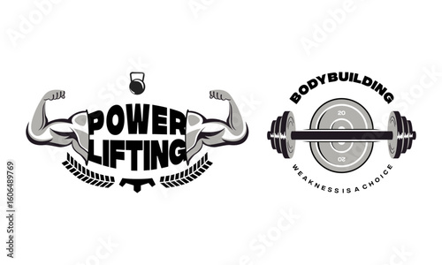 Gym, fitness logo or label. Sport, bodybuilding concept. Gym fitness sport emblems and logos vector set with barbells dumbbells and muscle arm