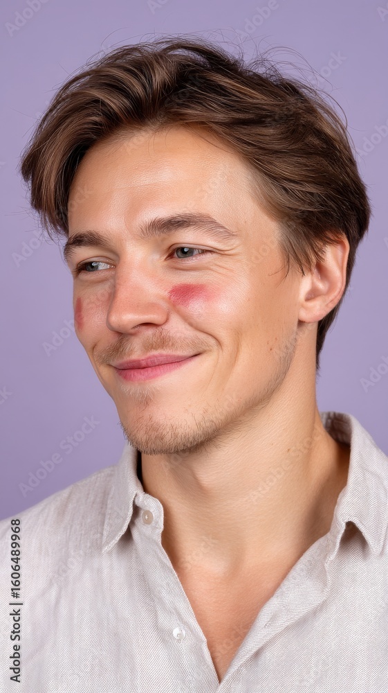 Fototapeta premium Portrait of a Young Man with Lipstick Stains on His Face Against a Purple Background