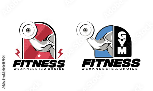 Gym, fitness logo or label. Sport, bodybuilding concept. Gym fitness sport emblems and logos vector set with barbells dumbbells and muscle arm