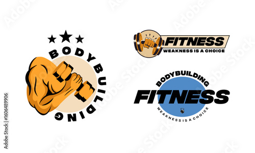 Gym, fitness logo or label. Sport, bodybuilding concept. Gym fitness sport emblems and logos vector set with barbells dumbbells and muscle arm