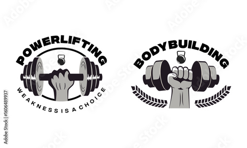 Gym, fitness logo or label. Sport, bodybuilding concept. Gym fitness sport emblems and logos vector set with barbells dumbbells and muscle arm
