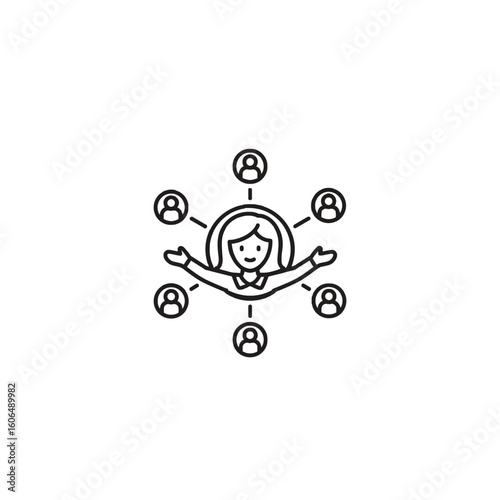 Woman with outstretched arms surrounded by people icons, representing network or connection.