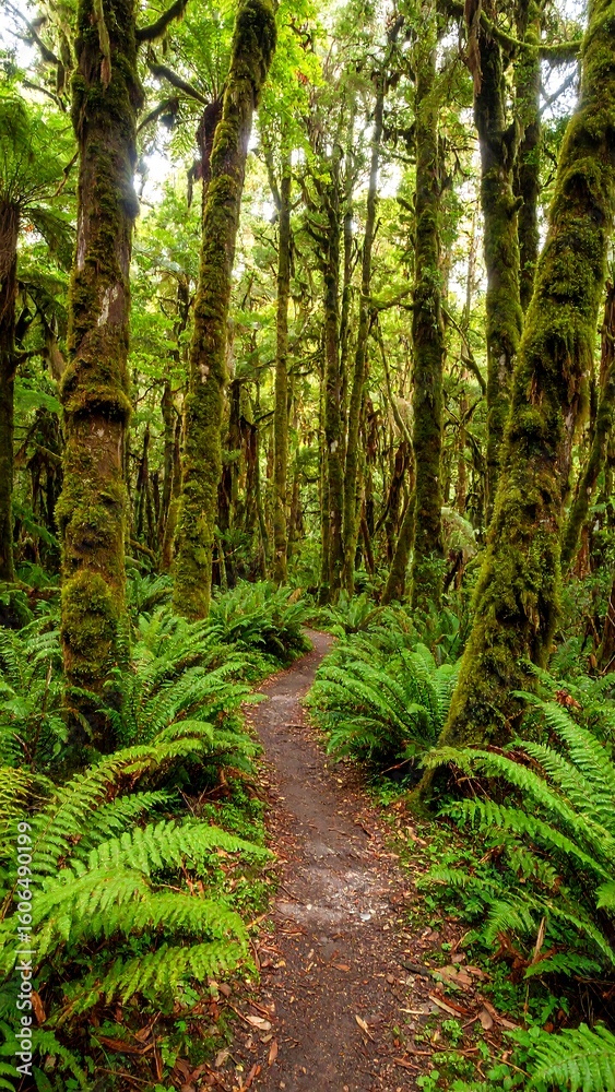 Fototapeta premium Lush forest path winding through ferns