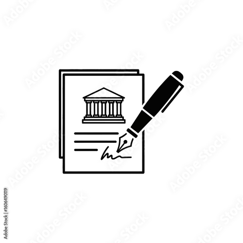 A document with a building illustration being signed with a fountain pen.