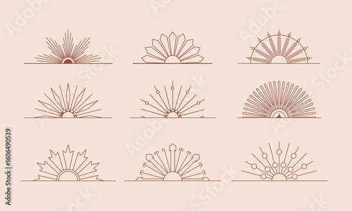 Vector set of linear boho icons and symbols - sun logo design templates - abstract design elements for decoration in modern minimalist style for social media posts, stories, for artisan jewellery