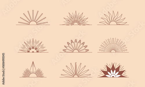 Vector set of linear boho icons and symbols - sun logo design templates - abstract design elements for decoration in modern minimalist style for social media posts, stories, for artisan jewellery