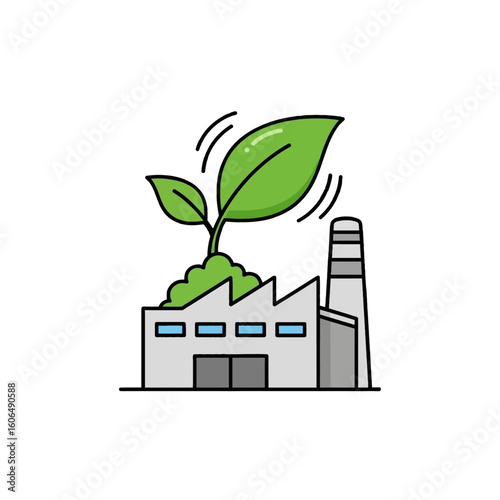 A thriving green plant sprouts atop a factory, symbolizing sustainable industry and eco-friendly manufacturing.