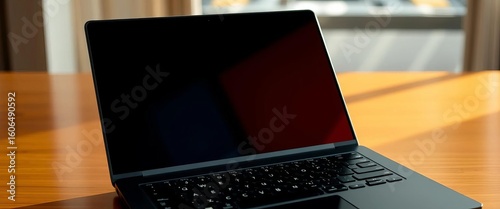 Black laptop screen reflecting light, keyboard visible, desk, screen
