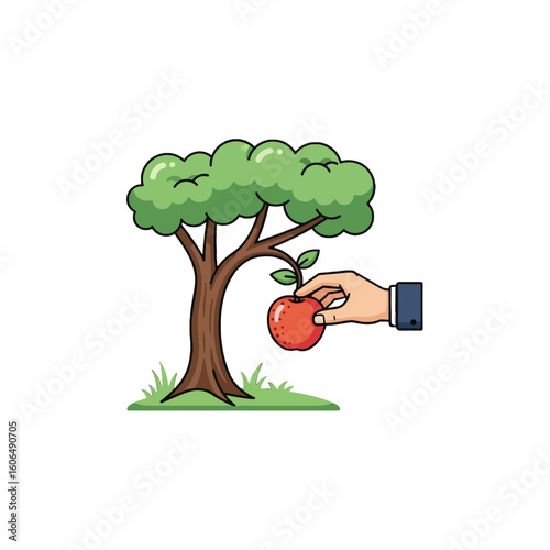 A hand plucks a ripe red apple from a leafy green tree.