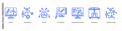 Biotech applications web banner icon vector illustration including Biotech, Biomaterials, Sensors, Dna Analysis, Computational Science, Bioprinting, and Nanotechnology.