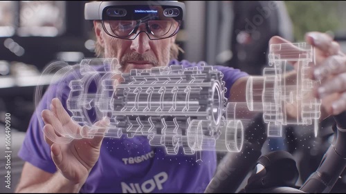Engineer in augmented reality glasses adjusting a digital hologram of an electric vehicle motor