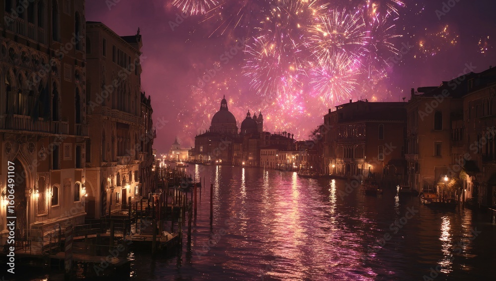 Fototapeta premium Fireworks explode over a Venetian canal at night.