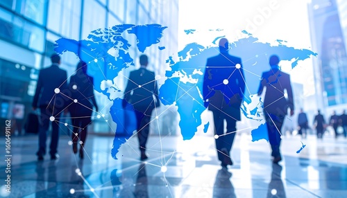 Global business network. Blurred figures of business people walk in a city, overlayed with a world map and connections