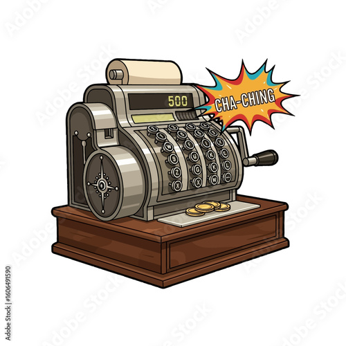 An illustrated vintage cash register with a "Cha-Ching" sound effect, showing money.