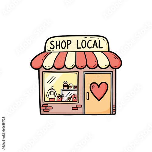 Cartoon illustration of a shop with a "Shop Local" sign, showcasing a small business.