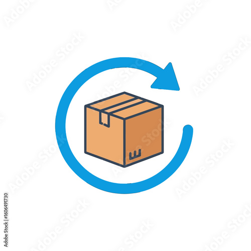 A brown cardboard box encircled by a blue arrow, representing a return.