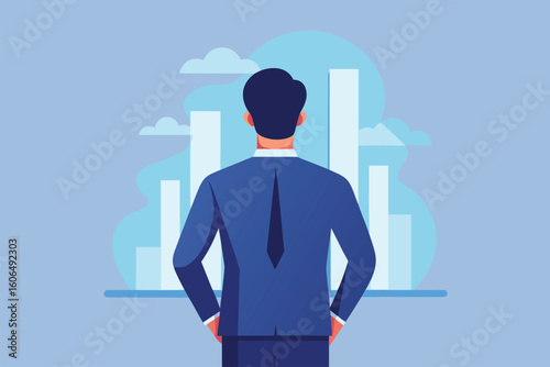 Businessman in suit observing city skyline from office, contemplating future opportunities and challenges in a modern work environment during daylight
