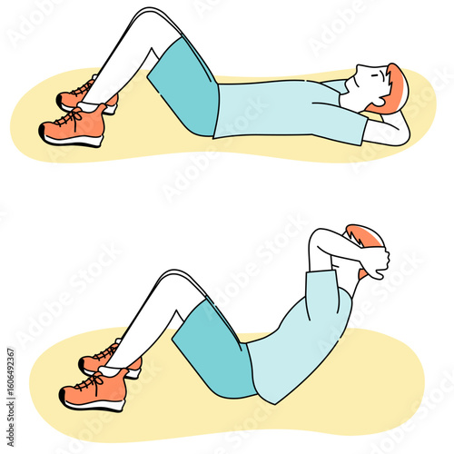 Vector illustration of a man doing abdominal crunch exercise in two poses