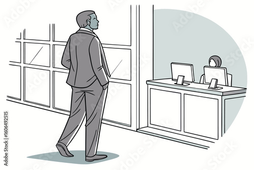 Businessman walking in an office towards reception area during a workday contemplating upcoming meetings and projects