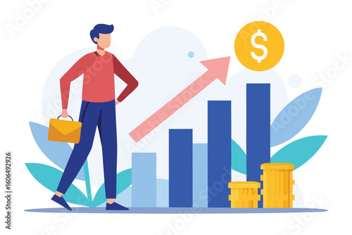 Human standing with crossed legs, leaning on a railing while observing financial growth represented by a chart and coins in a bright and vibrant setting