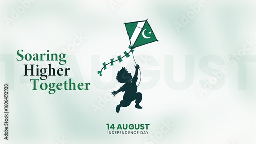 14 August Pakistan Independence Day Vector Design, Pakistani Child Flying Kite on Independence Day, Green and White Pakistan Flag Celebration Art, Minimal Vector Banner for 14 August Event
