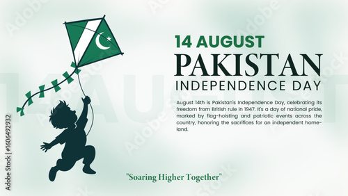 14 August Pakistan Independence Day Vector Design, Pakistani Child Flying Kite on Independence Day, Green and White Pakistan Flag Celebration Art, Minimal Vector Banner for 14 August Event