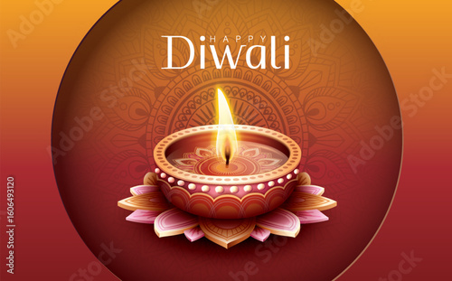 Happy Diwali festival with oil lamp, Rangoli decoration with Diya, Diwali holiday Background with rangoli, Diwali celebration greeting card,vector.