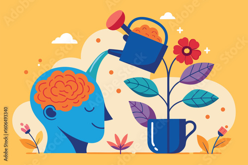 Human brain nurtured by a watering can, illustrating creativity and growth through the symbolism of a blooming flower against a cheerful background