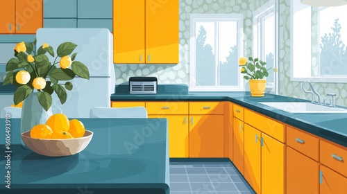 Vibrant Retro Kitchen with Colorful Orange Cabinets and Lemon Centerpiece Bathed in Natural Light