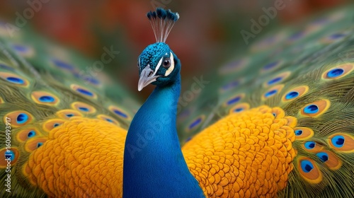 Vibrant Peacock Displaying Its Colorful Plumage in Nature with Intricate Patterns and Soft Background