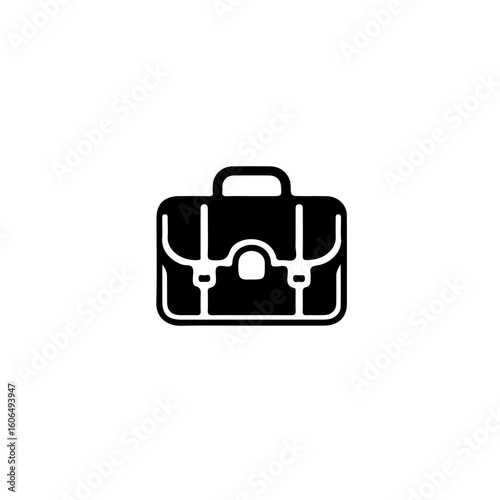 A simple black and white icon depicting a classic briefcase with handle and closure details