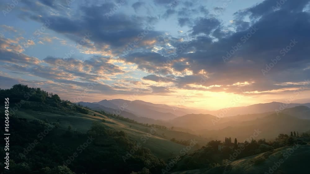 Scenic sunset over rolling hills with dramatic clouds in nature  