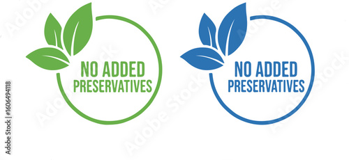 "No Added Preservatives" Label with Leaves in Green and Blue on White Background