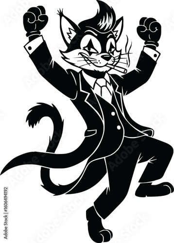 A dapper cartoon cat wearing a suit and tie, smoking a cigar, celebrating with fists raised.