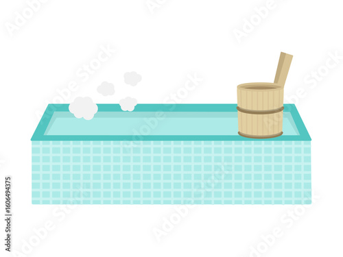 銭湯　温泉　風呂　湯船　浴槽　木製の風呂桶　イラスト