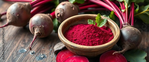 Earthy beetroot powder in rustic bowl beside vibrant beets, rustic, natural
