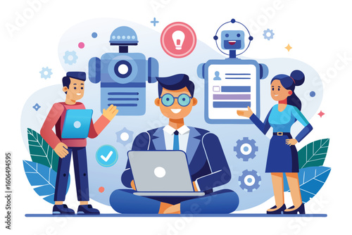 Hiring characters utilize artificial intelligence technology in a modern workspace featuring collaboration and innovation among professionals