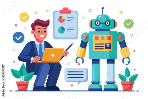 Hiring character and intelligence robot collaborating in an office setting during a modern workday