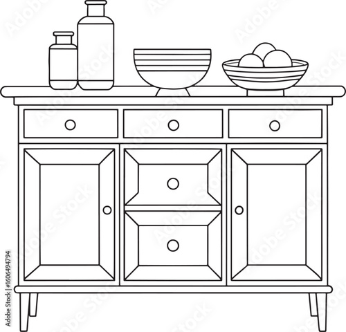 Buffet sideboard with bowls and bottles perfect for relaxed kitchen design and stylish interior line art