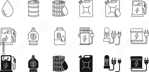 Modern energy icons showcasing fuel, hydrogen, and electric charging stations