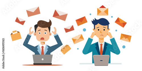 Frustrated Male Office Worker Overwhelmed by Emails – Corporate Vector Illustration Showing Burnout, Digital Stress, and Information Overload at Work