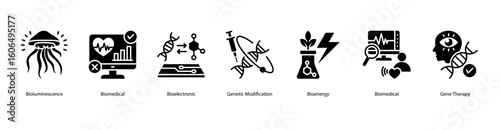 Advanced biomedicine web banner icon vector illustration with Bioluminescence, Biomedical, Bioelectronic, Genetic Modification, Bioenergy, Biomedical, and Gene Therapy.