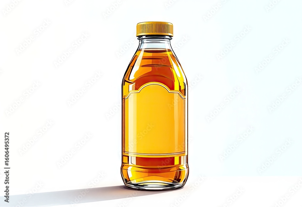 A clear glass bottle with a yellow-gold liquid and a blank, arched yellow label, sits against a white background, casting a subtle shadow. The bottle has a yellow screw-top cap A clear glass bottle with a yellow-gold liquid and a blank, arched yellow label, sits against a white background, casting a subtle shadow. The bottle has a yellow screw-top cap
