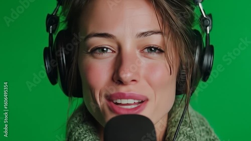 Woman singing with green screen studio.