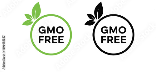GMO FREE icon set with leaves, green and black logo on white background